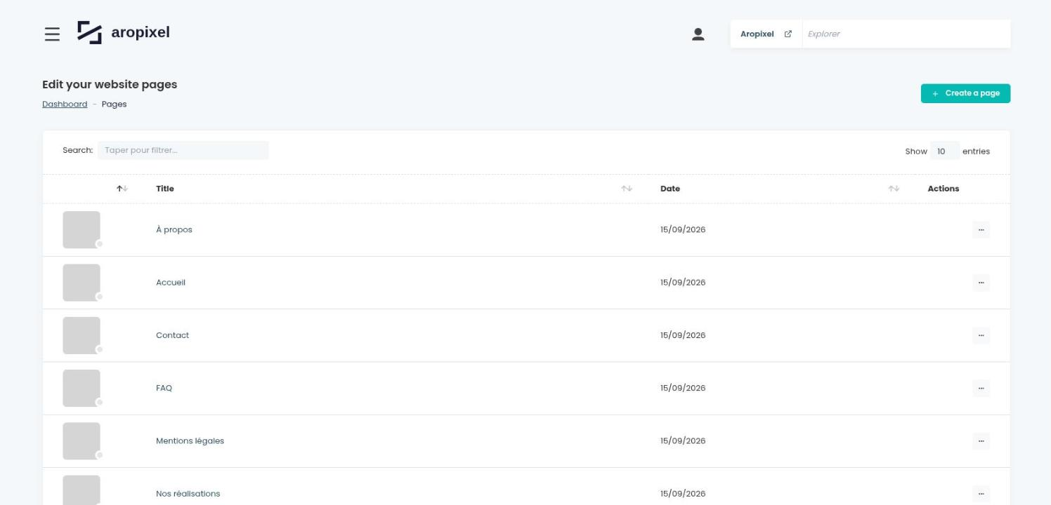 AropixelAdminBundle: a generated CRUD list with sorting, filtering and pagination