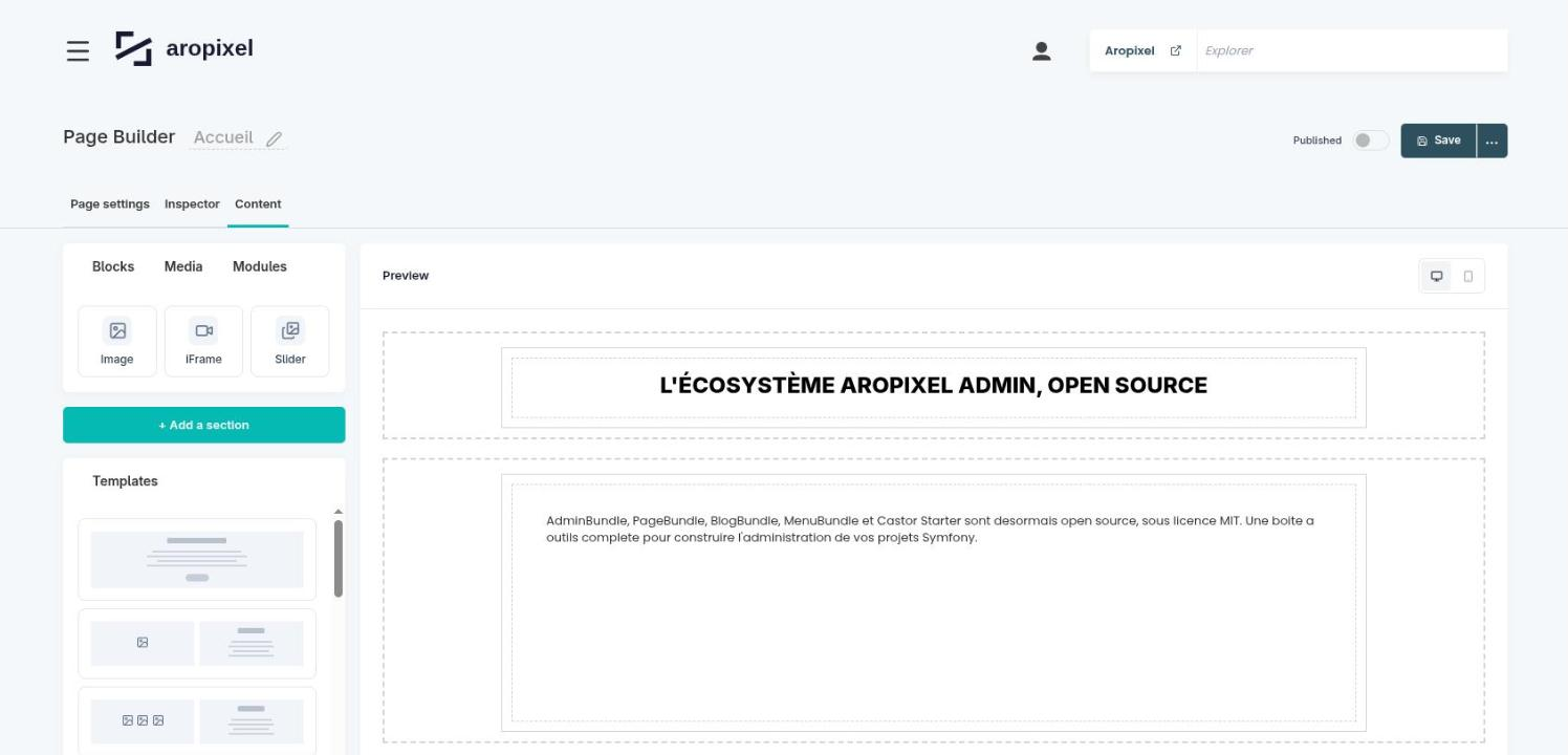 AropixelPageBundle: dragging a block into place in the visual page builder